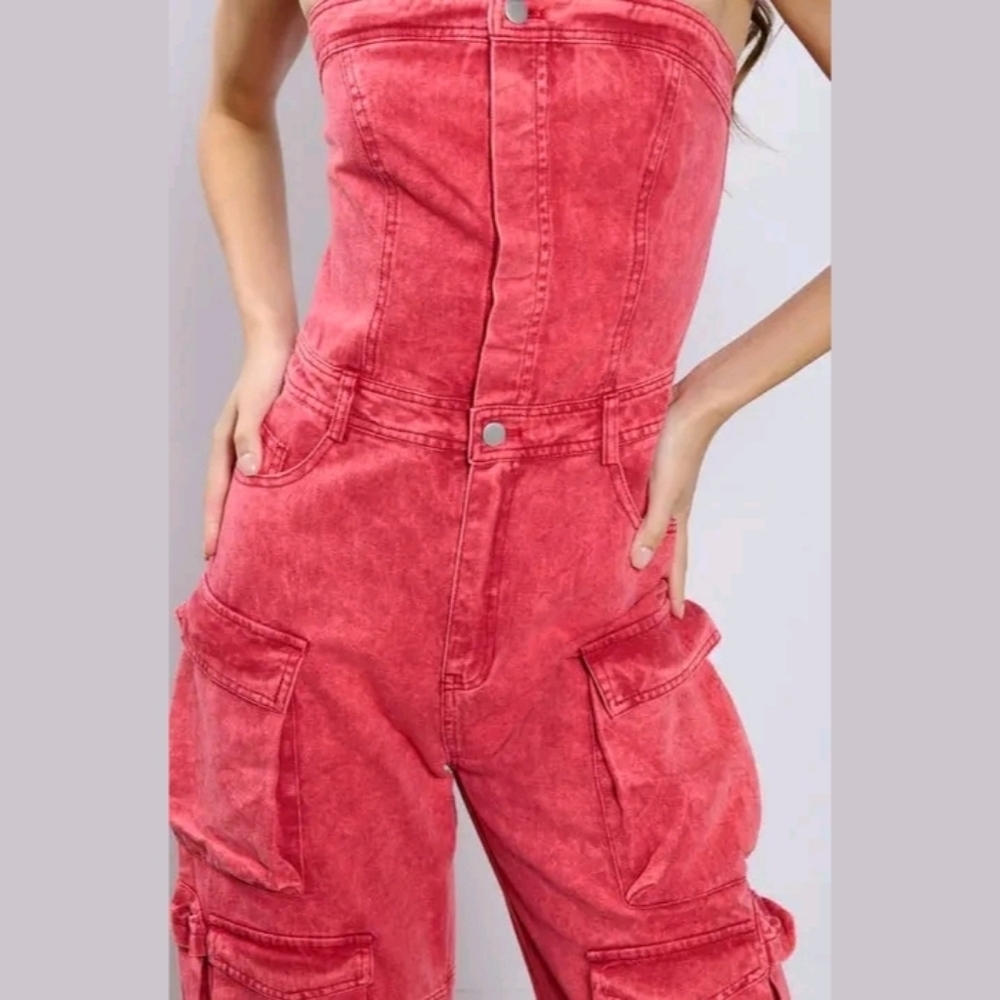 Strapless Washed Red Cargo Jumpsuit Utility Pocket Y2K Streetwear Festival - Picture 4 of 15